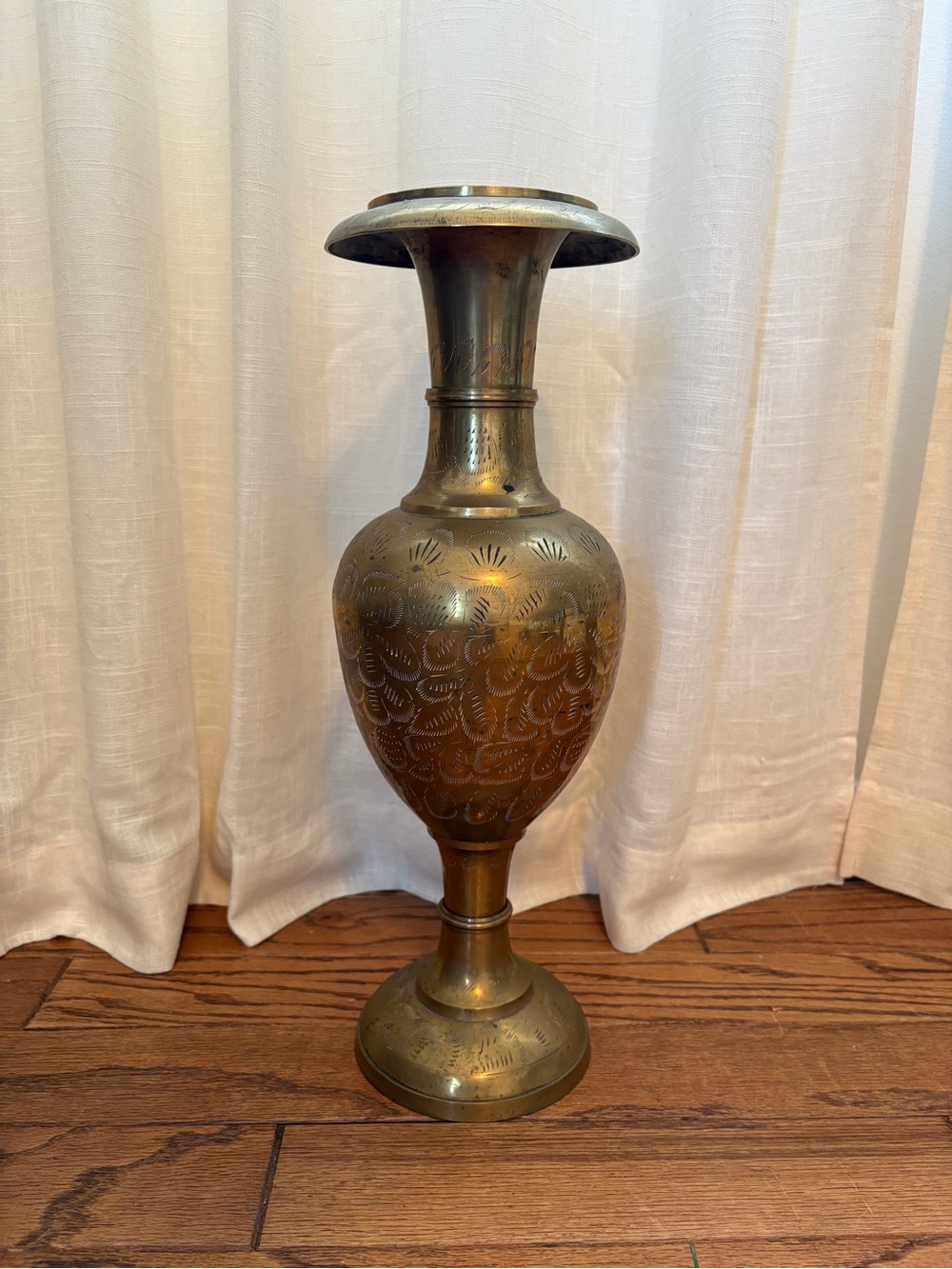 Vintage Tall Etched Brass Pedestal Vase - Floral Hand Engraved approx 12"